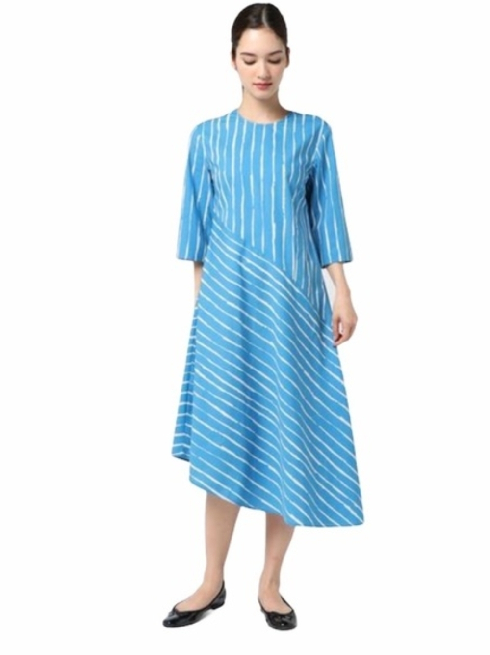 Marimekko Blue & White Asymmetrical Stripe Midi Dress